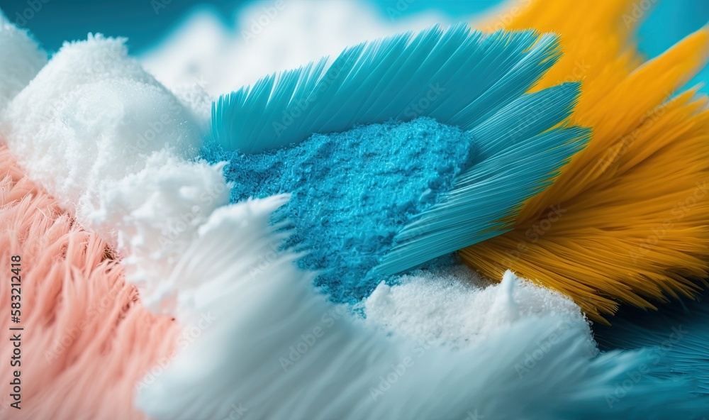  a close up of a blue, yellow and pink brush on a blue surface with white and yellow dust on it and 