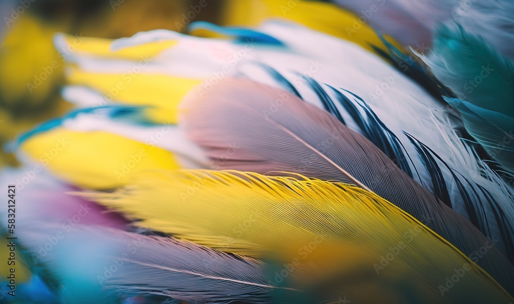  a close up of a bunch of colorful feathers on a table top with a blurry image of the feathers in th