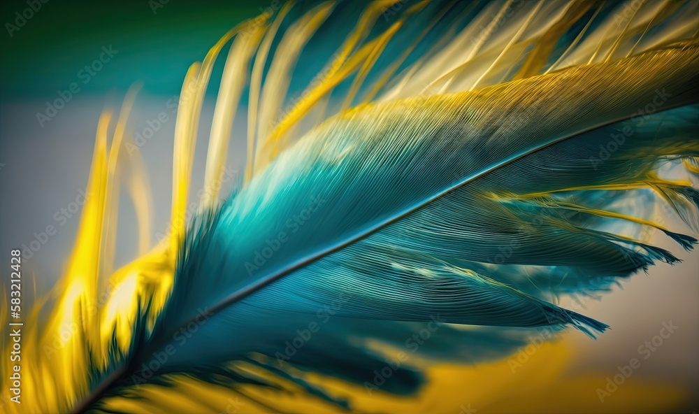  a close up of a blue and yellow feather on a blue and yellow background with a black border around 