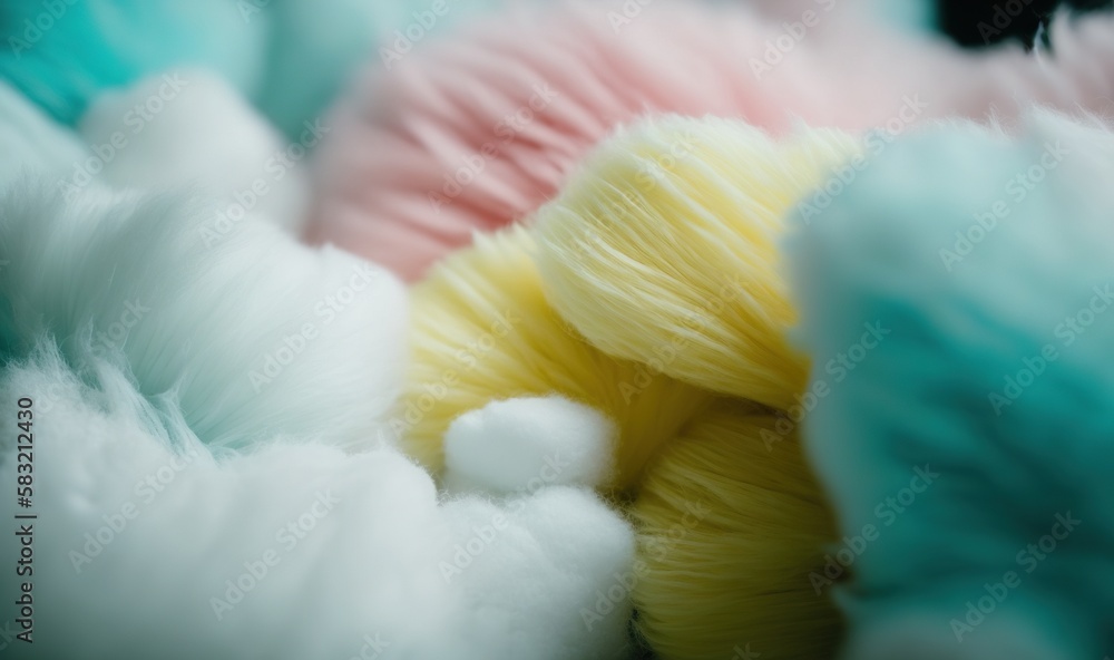  a close up of a bunch of yarns that have been dyed blue, yellow, and pink together with white yarn 