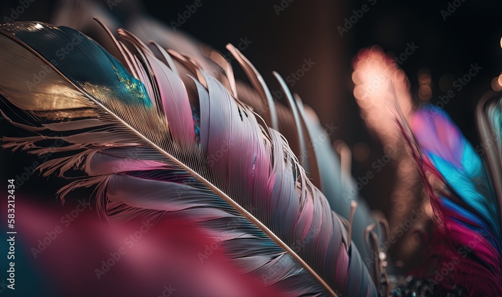  a close up of a group of feathers on a black background with a blurry light in the background and a