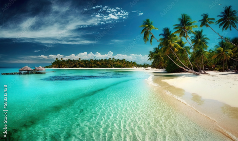  a tropical beach with palm trees and a hut in the water on a clear day with blue skies and clouds a