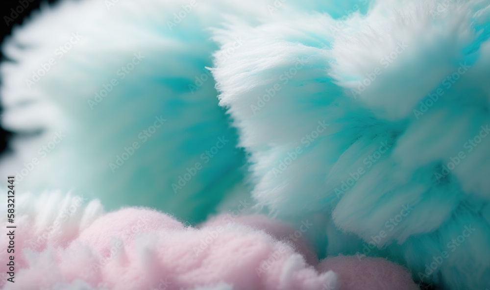  a close up of a fluffy blue and pink teddy bear with fluffy pink clouds in the background and a bla