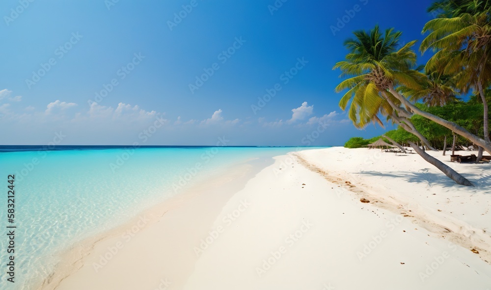  a sandy beach with palm trees and clear blue water on a sunny day in the tropical island of aruba, 