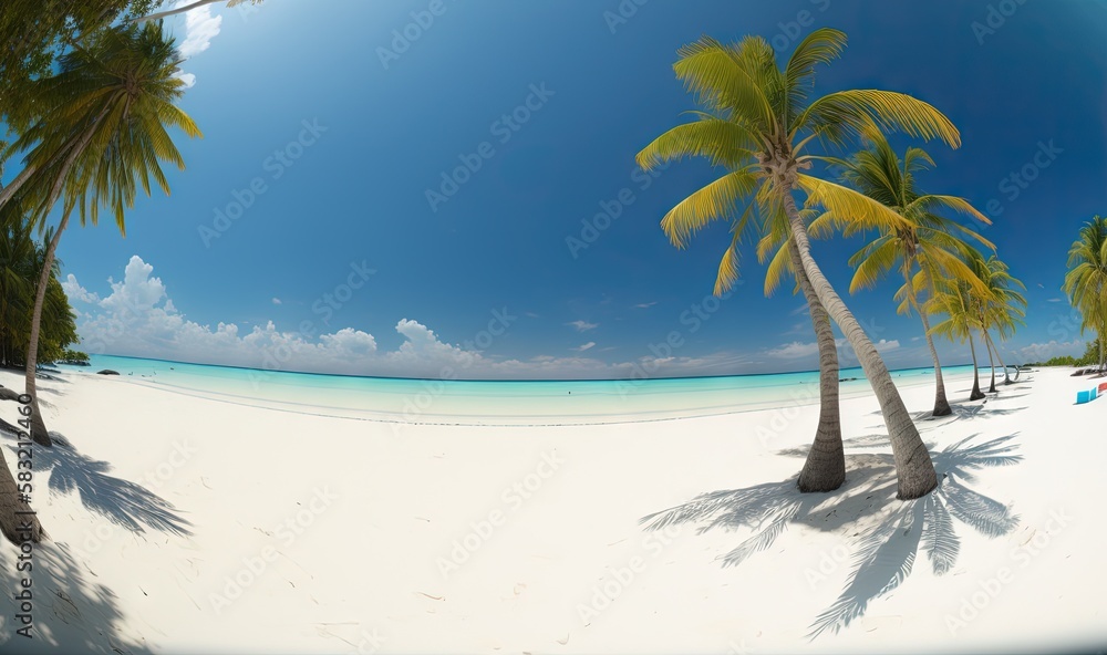  a beach with palm trees and a chair on the sand and a blue sky in the background with a few clouds 