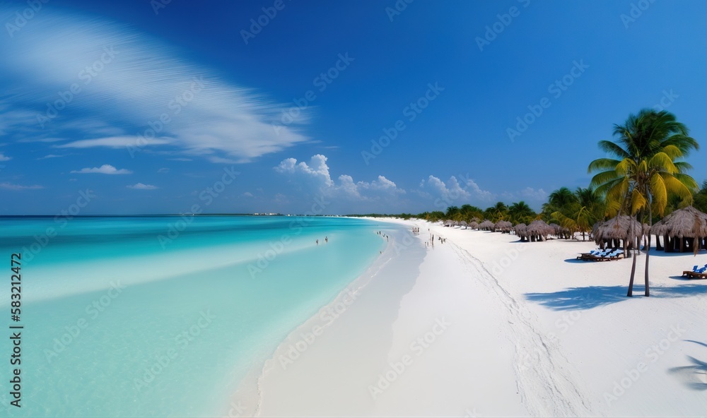  a sandy beach with palm trees and a blue sky in the background and a white sand beach with blue wat