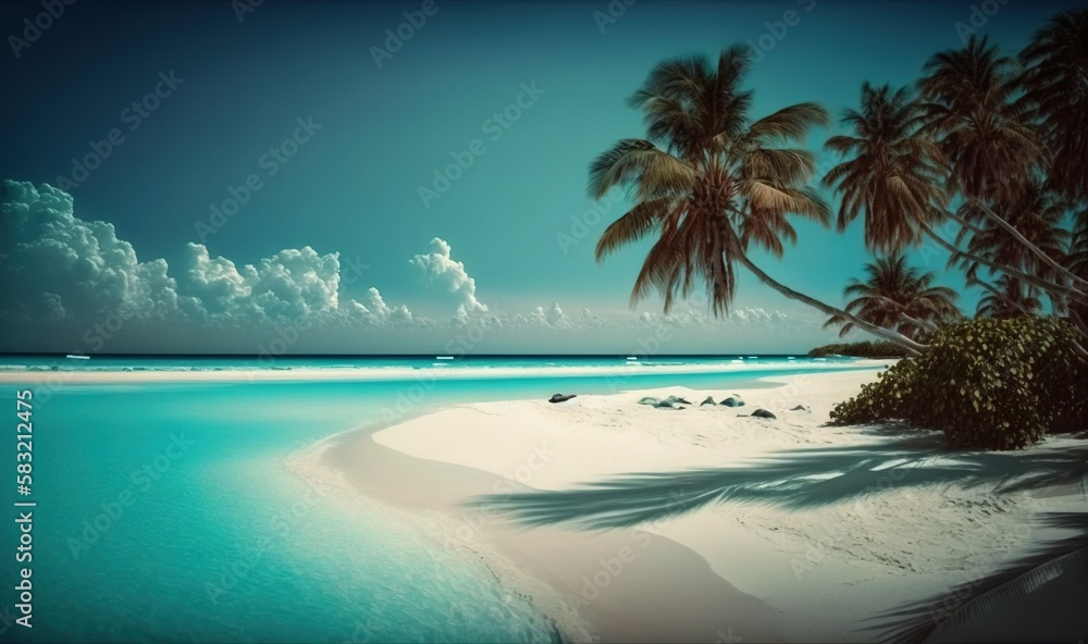  a tropical beach with a palm tree and blue water in the foreground and clouds in the sky in the bac