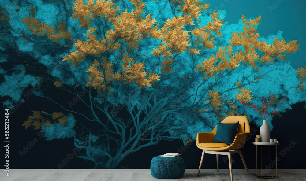  a room with a chair, table and a painting on the wall of a tree with yellow leaves and a blue sky b