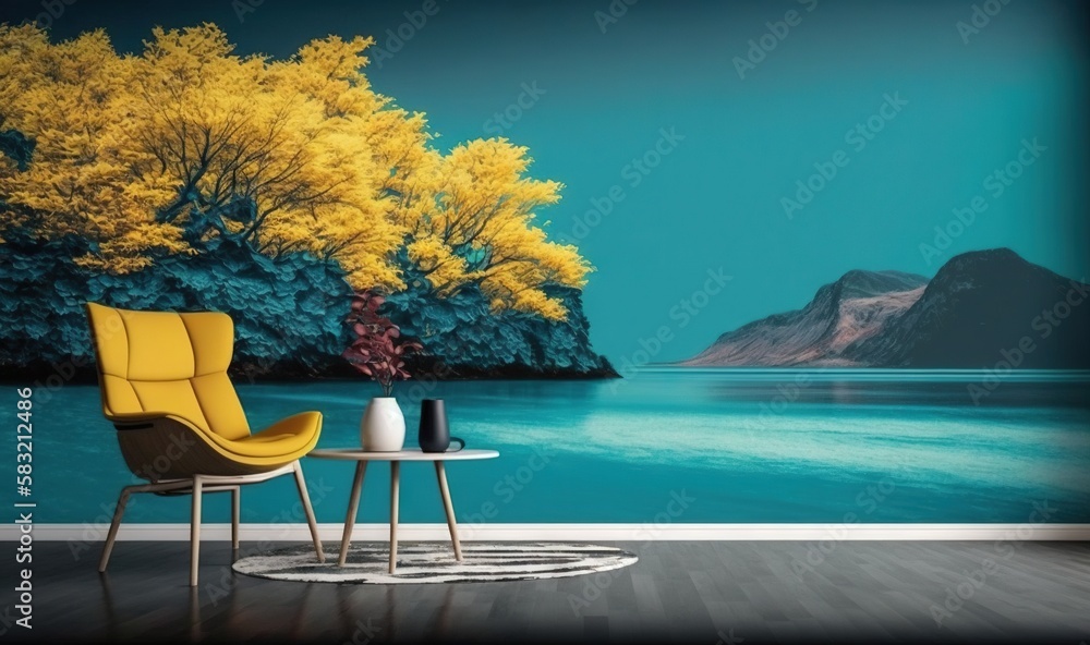  a room with a table and a chair in front of a wall with a painting of a lake and yellow trees on th