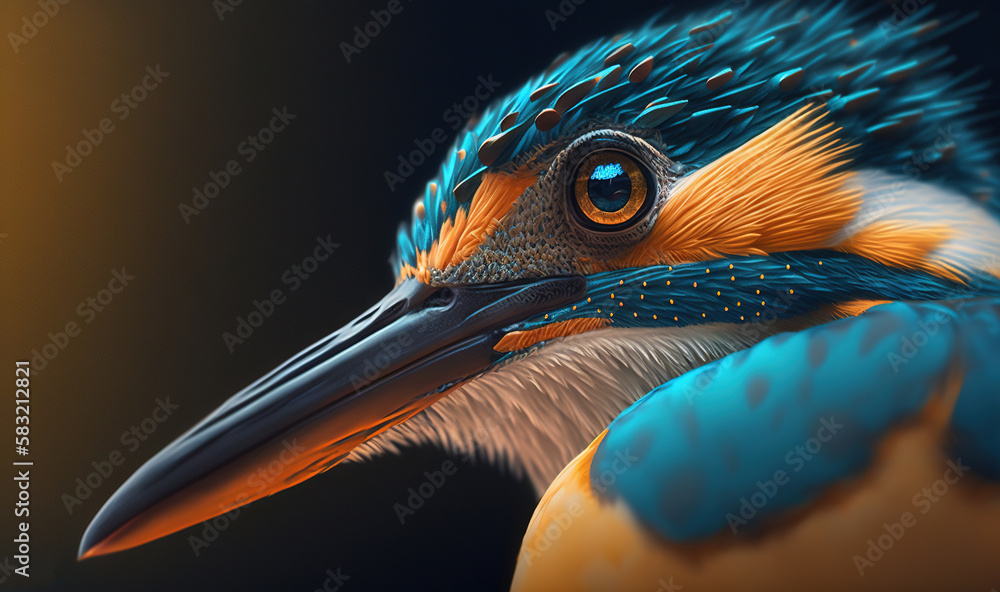  a close up of a bird with a blue and yellow head and neck and a black background with a yellow spot