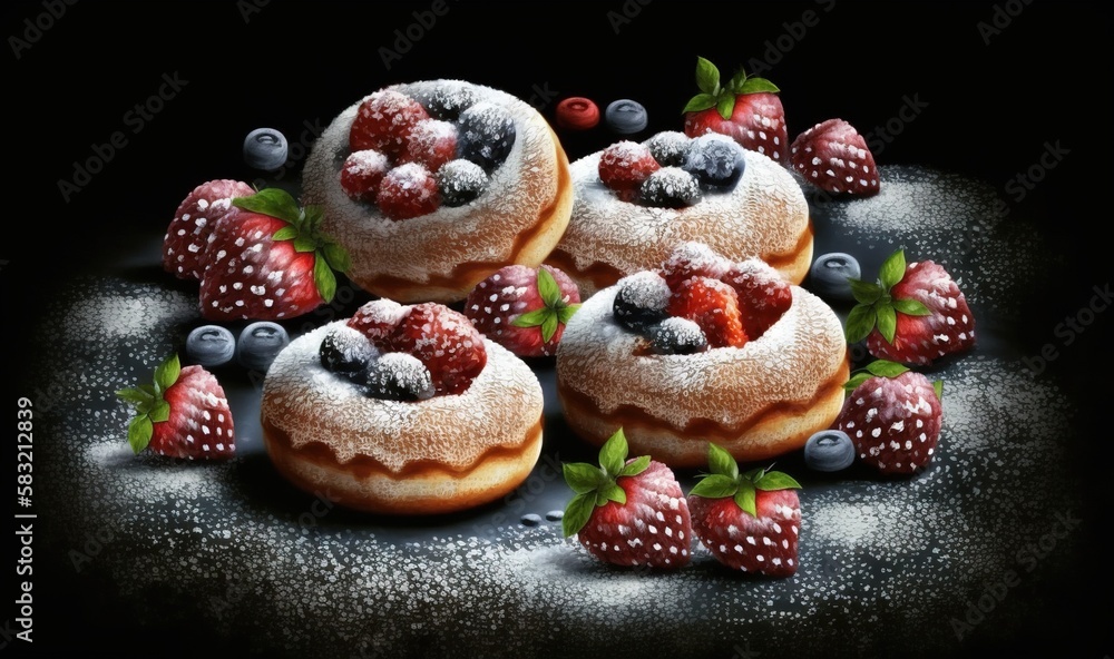  a painting of some fruit on top of a cake with berries and blueberries on top of the bunts and on t