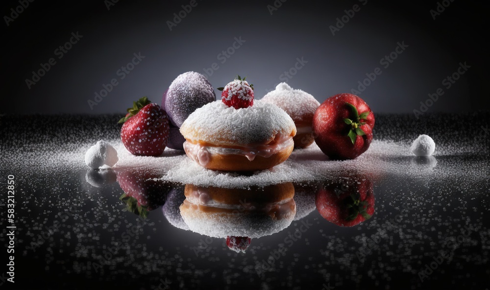  a dessert with powdered sugar and strawberries on a black surface with a reflection of the image on