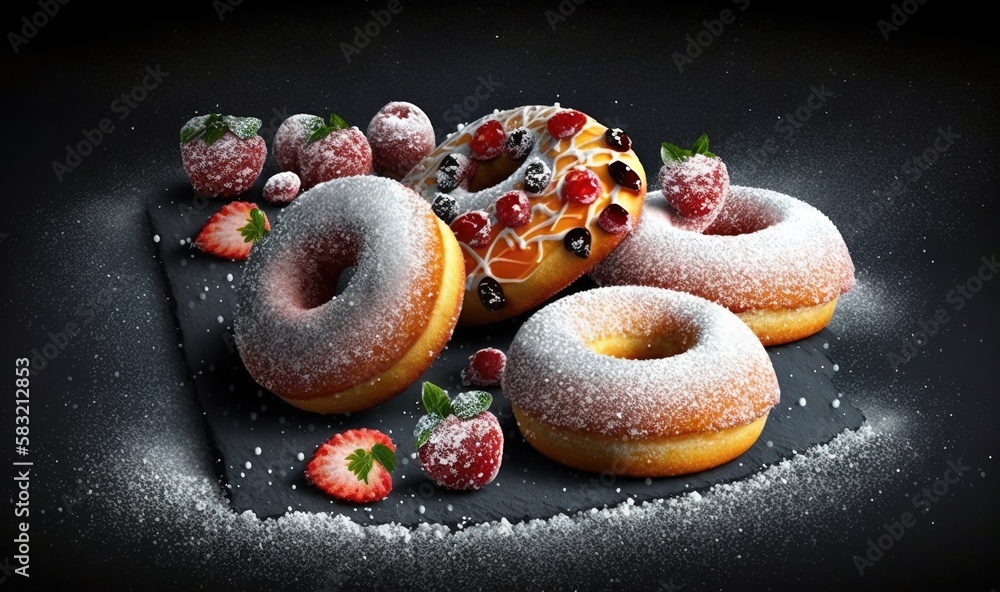  a couple of doughnuts sitting on top of a black plate covered in powdered sugar and berries on top 