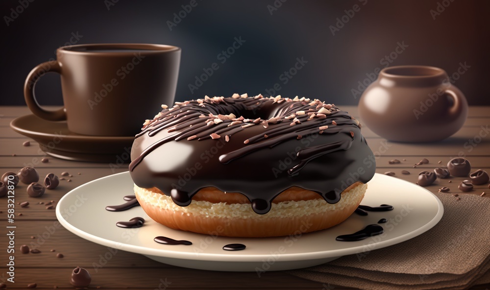  a chocolate covered doughnut sitting on a plate next to a cup of coffee and a saucer on a wooden ta