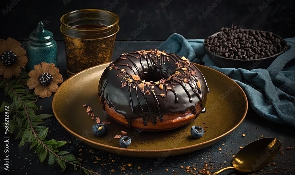  a chocolate donut sitting on a plate next to a bowl of chocolate chips and a cup of coffee on a tab