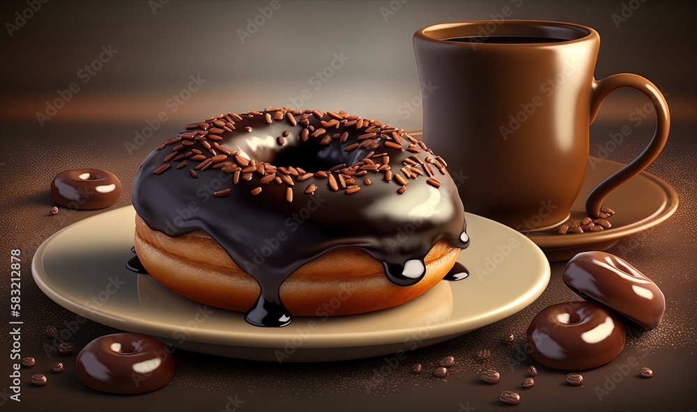  a chocolate donut with chocolate sprinkles on a plate next to a cup of coffee and chocolate beans o