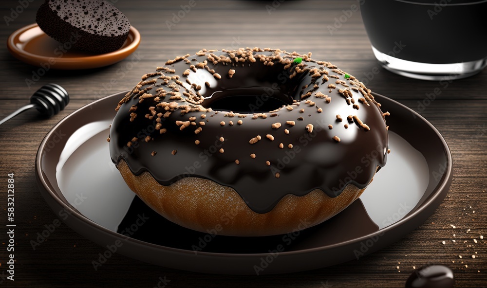  a chocolate donut with sprinkles sits on a plate next to a cup of coffee and a spoon on a wooden ta