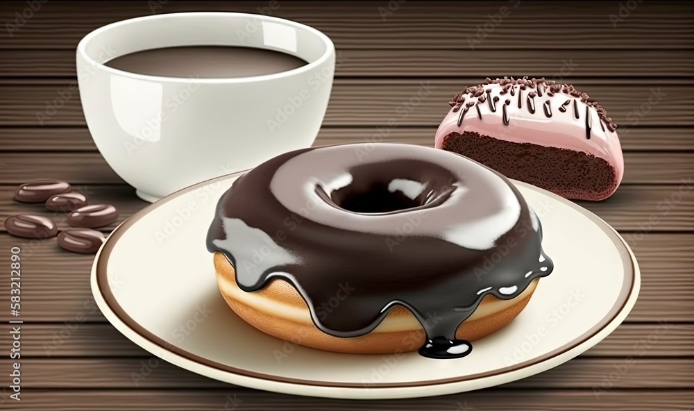  a chocolate donut and a cup of coffee on a plate on a wooden table with coffee beans and a donut on