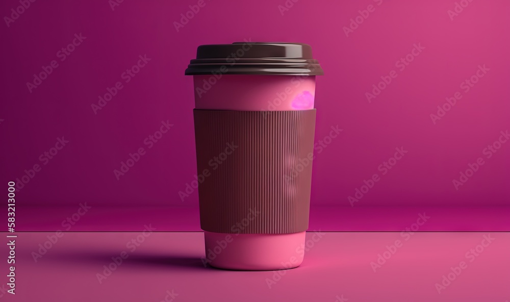  a pink coffee cup with a brown lid and a black lid on a pink background with a shadow of a person h