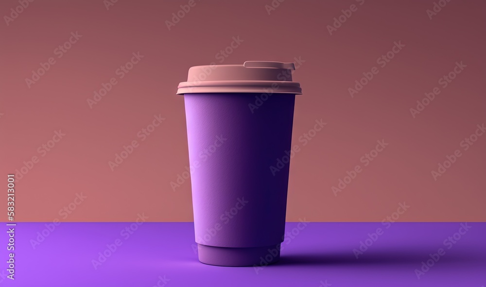  a purple coffee cup with a lid on a purple surface with a pink background and a pink wall in the ba