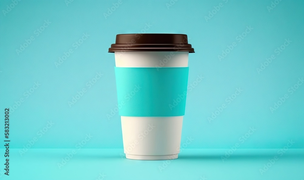  a cup of coffee with a brown lid on a blue background with a brown lid on the top of the cup is a b