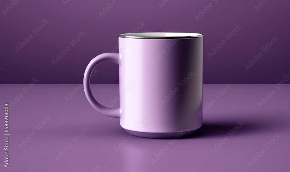  a purple coffee mug sitting on top of a purple table next to a purple wall and a purple wall with a