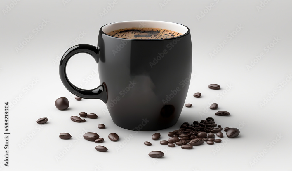  a black coffee mug with coffee beans scattered around it on a white background with a quote on the 