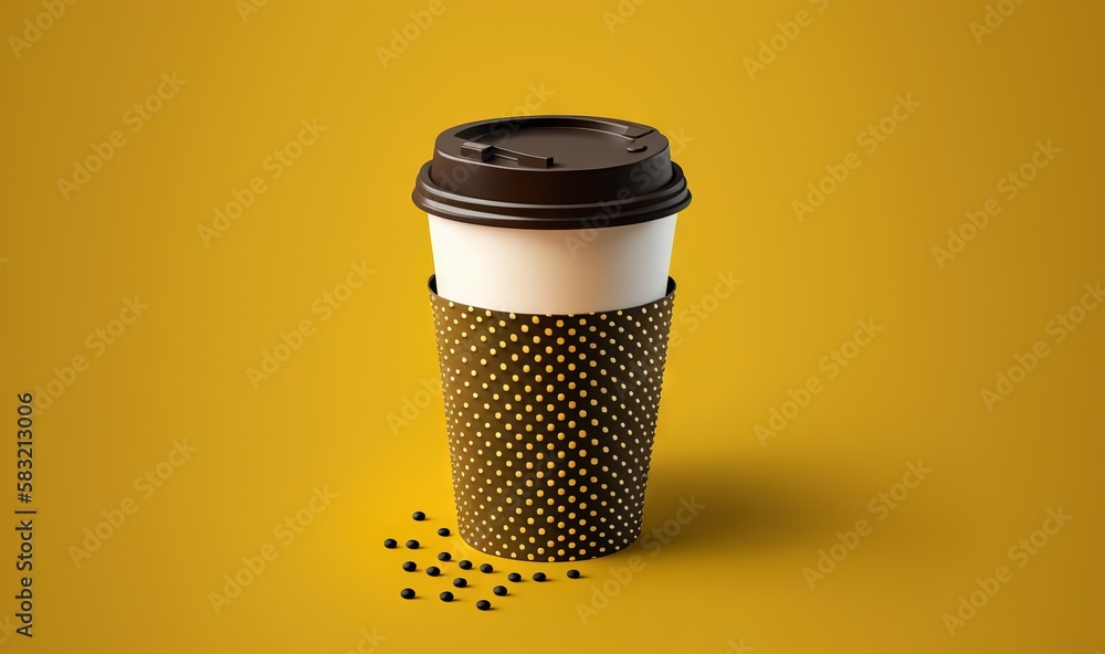  a cup of coffee with a lid and some black dots on a yellow background with a black lid and a brown 