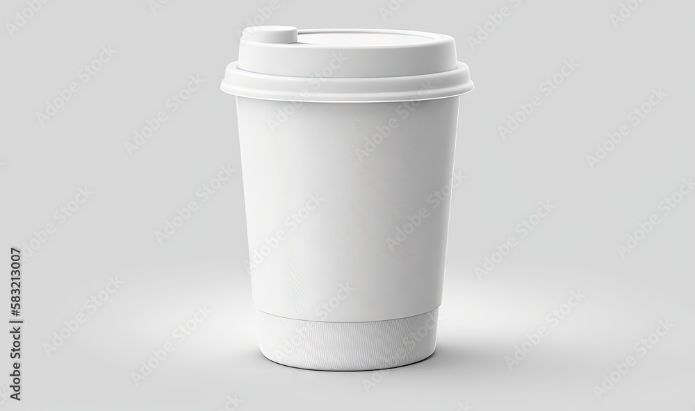  a white coffee cup with a lid on a gray background with a shadow of the cup on the ground and a whi