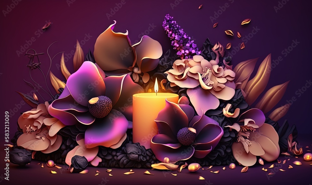  a candle surrounded by flowers and leaves on a purple background with a purple background and a pur