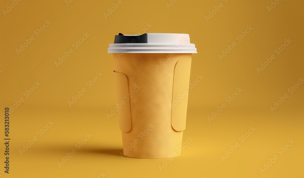  a cup of coffee with a black lid and a white lid on a yellow background with a shadow from the bott