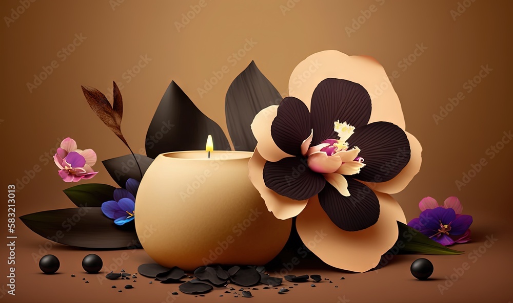  a candle with a flower on top of it next to some black stones and a brown vase with a flower on top