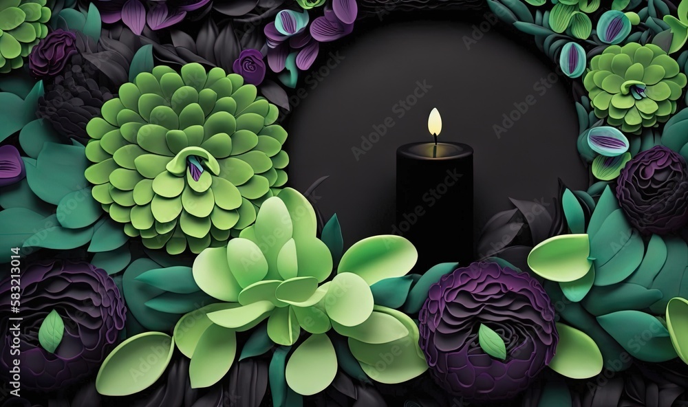  a black candle surrounded by purple and green flowers and leaves on a black background with a black