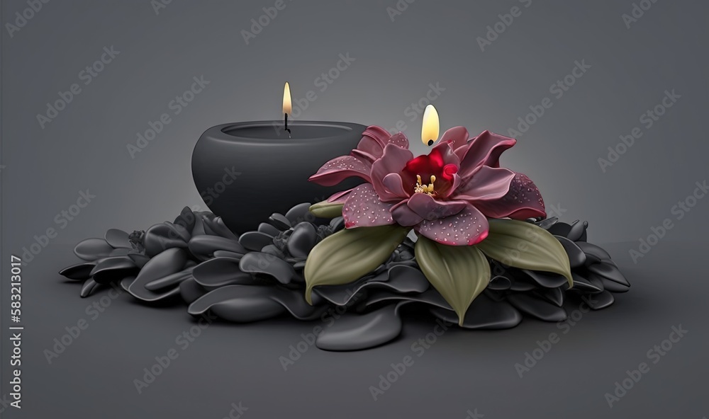  a candle with a flower and a candle holder on a gray background with leaves and petals on the groun