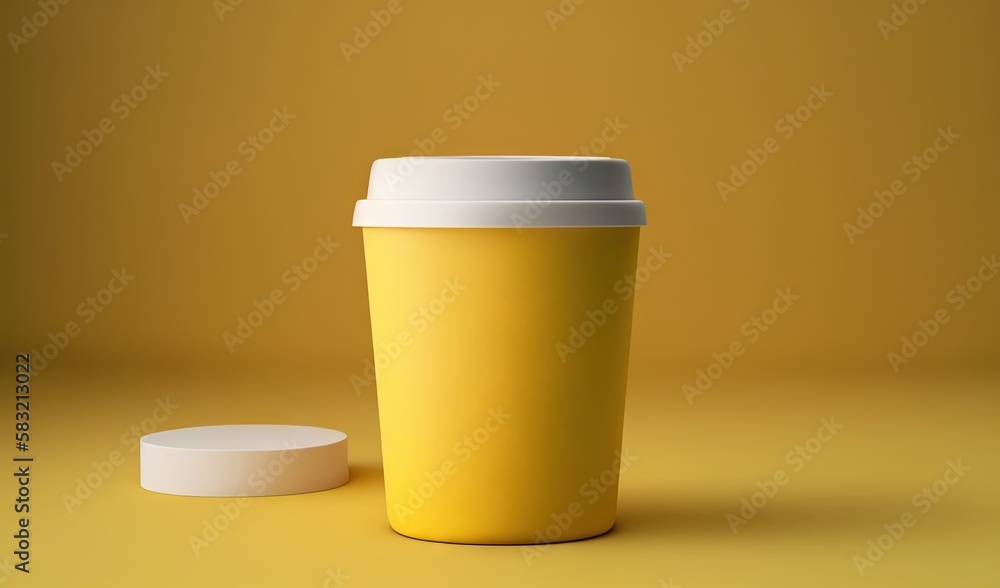  a yellow coffee cup with a white lid and a white lid on a yellow background with a white lid and a 