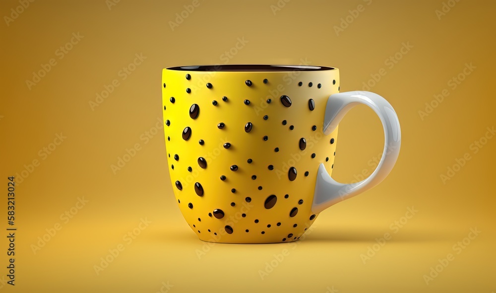  a yellow and black coffee mug with black spots on its side and a yellow background with a black sp