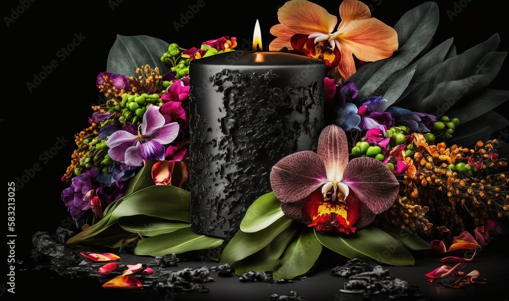  a black candle surrounded by flowers and leaves on a black background with a black candle surrounde