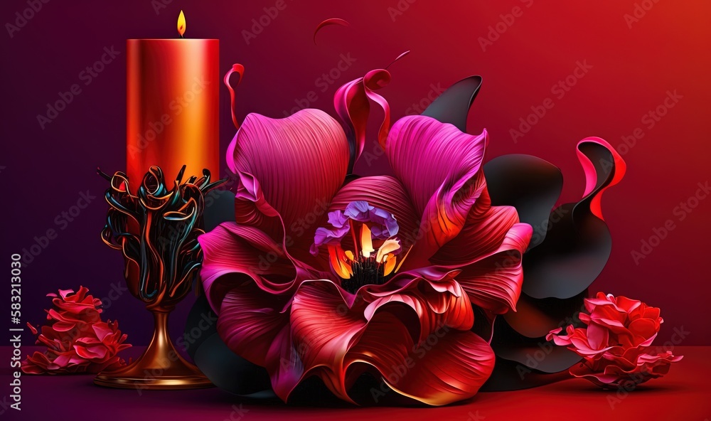  a red and pink flower next to a candle and a vase on a red tablecloth with a red background and a r