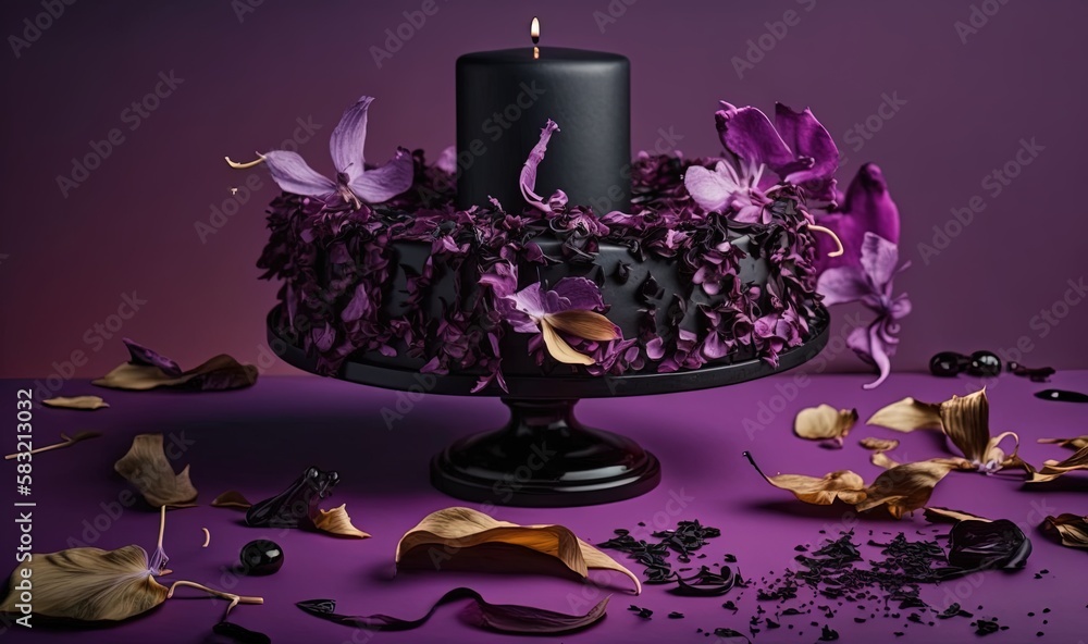  a black cake with purple flowers on a purple tablecloth with leaves and a candle on top of the cake