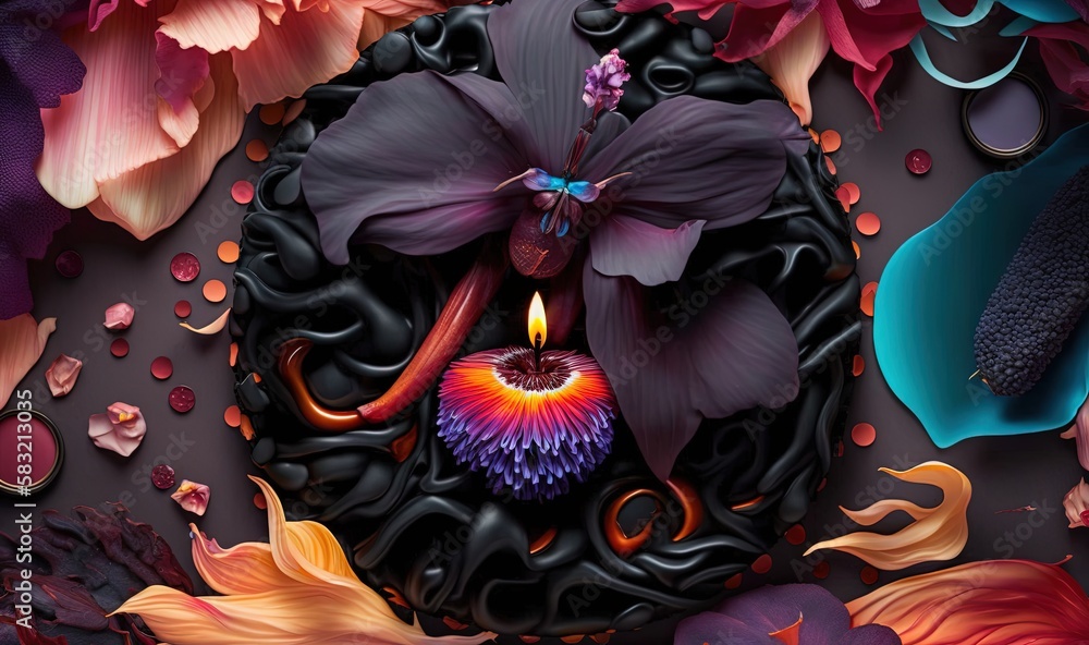  a painting of a candle surrounded by flowers and petals on a black background with a blue butterfly