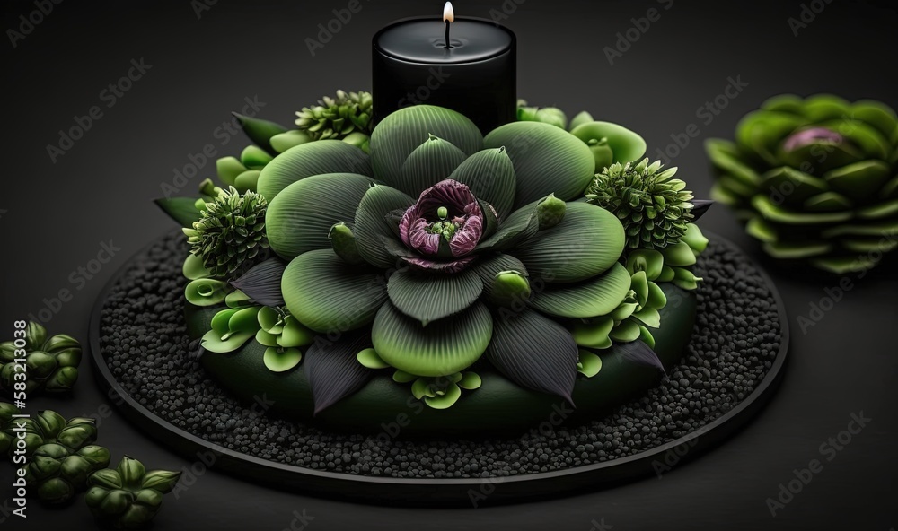  a candle and some plants on a table with a candle holder on top of the table and a candle in the mi