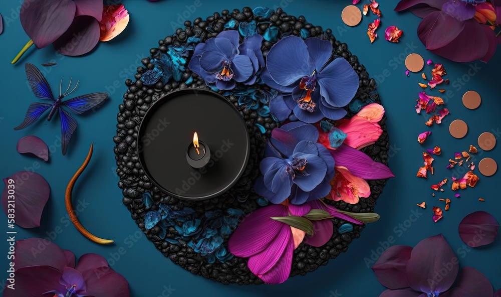  a black candle surrounded by purple flowers and butterflies on a blue background with butterflies a