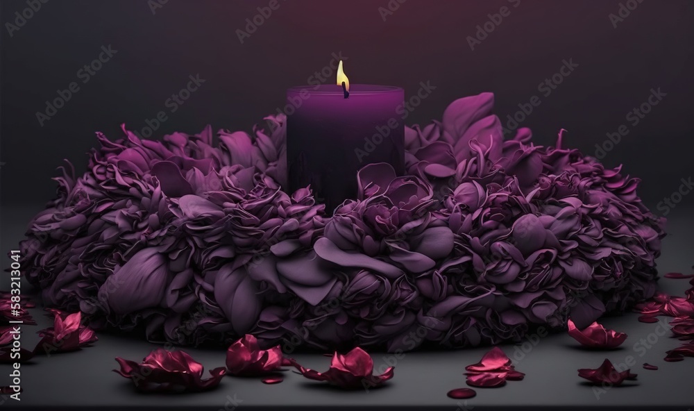  a purple candle surrounded by purple flowers on a black background with a red light in the middle o