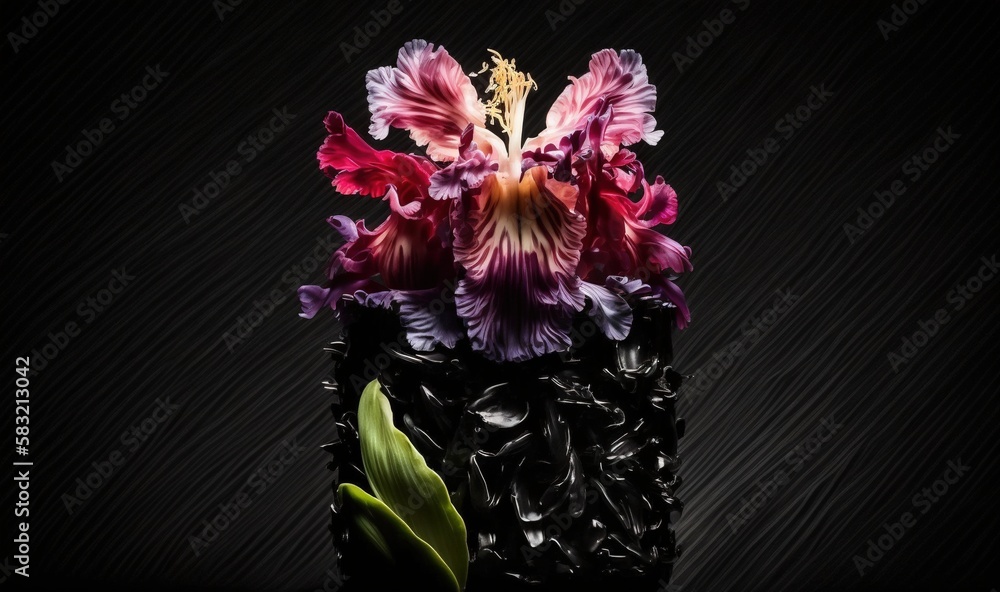  a vase filled with purple flowers on top of a wooden table next to a green leafy plant on a black s