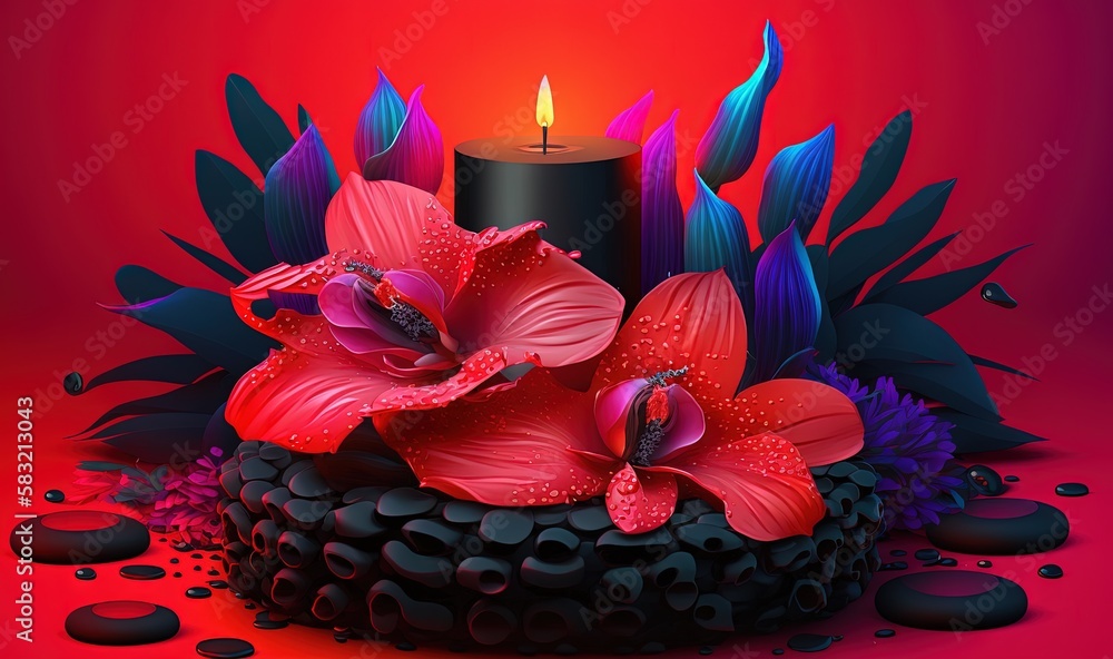  a candle and flowers on a red background with drops of water on the ground and on the ground is a b