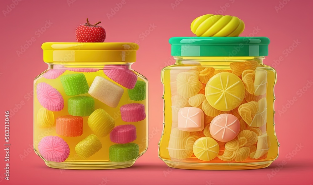  two jars filled with different types of candies and a strawberry on top of one jar with a lid and a