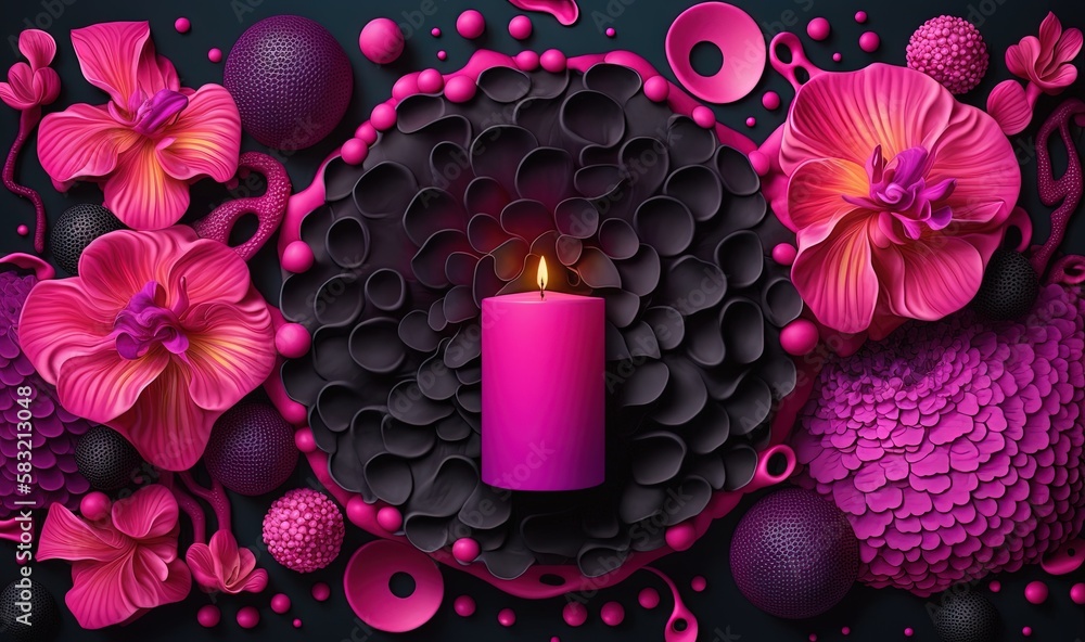  a candle is lit in front of a purple background with pink flowers and circles of bubbles and circle