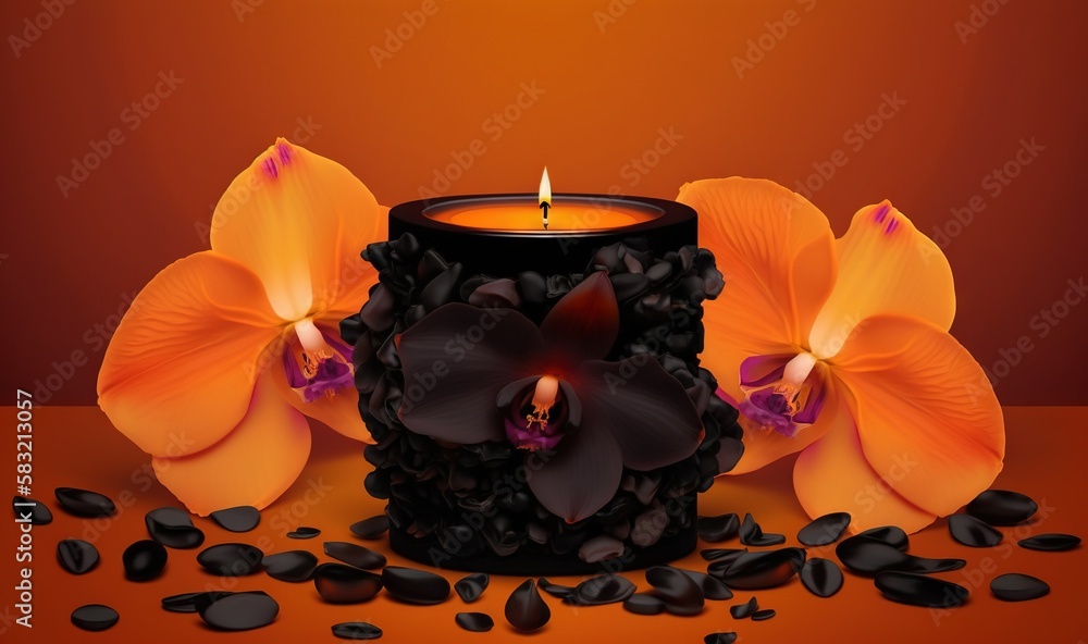  a candle with flowers and rocks on a red background with a red background and a black candle with o