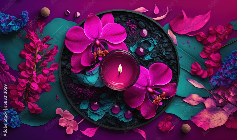  a candle surrounded by flowers and leaves on a purple background with pink and purple colors on the