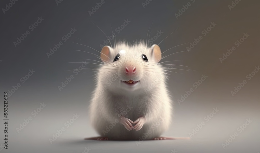  a white rat sitting on top of a gray floor next to a gray wall and a gray background with a white m